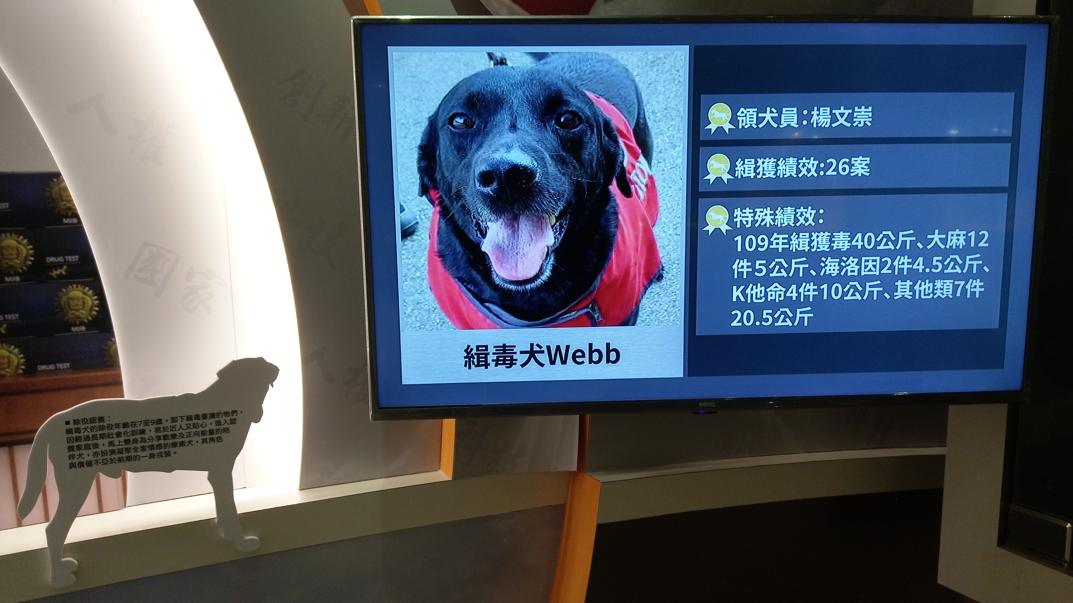 調查局與關務署緝毒合作專區設有緝毒明星犬排行榜。(陳國維 攝)