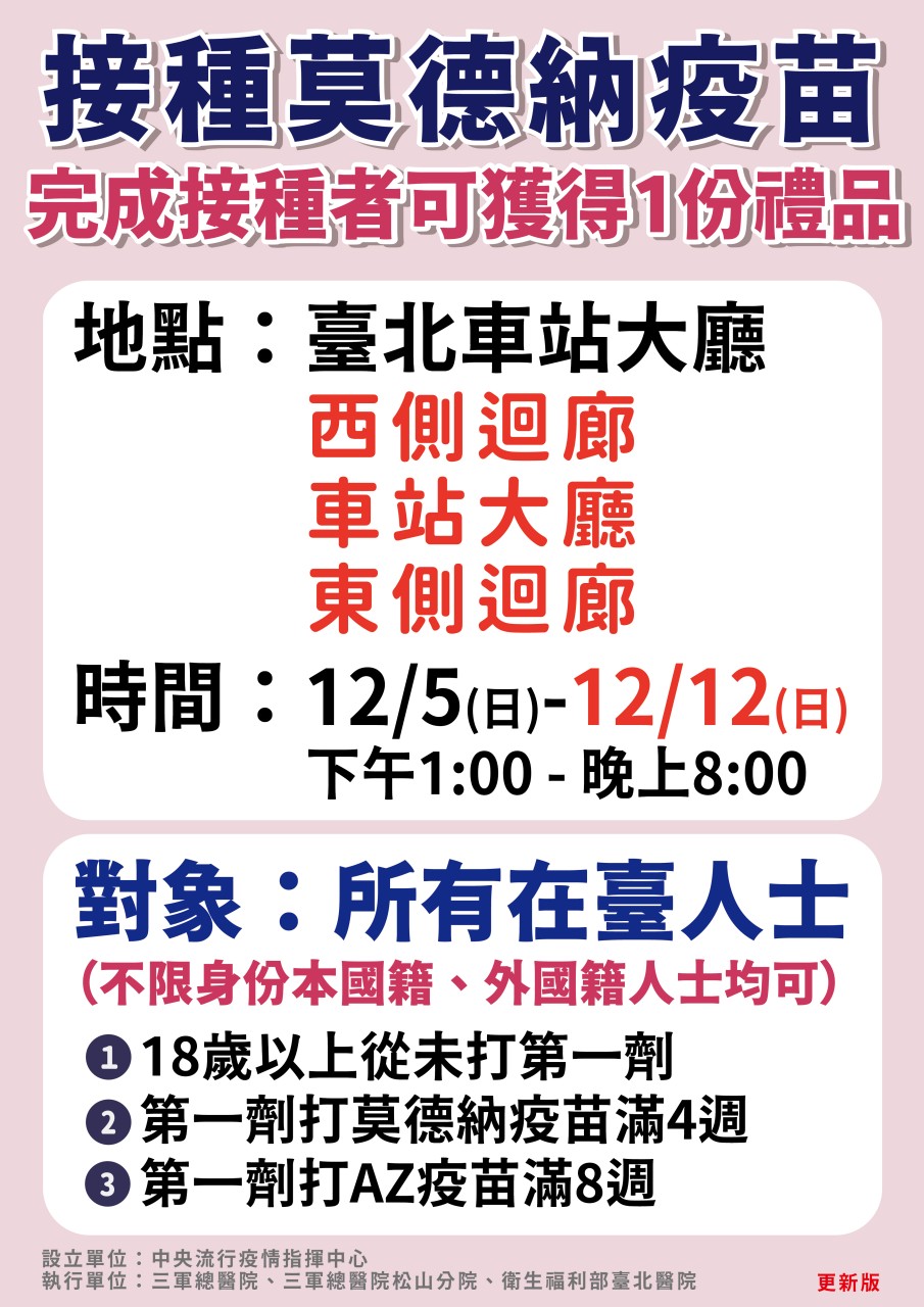 台北車站「莫德納疫苗施打站」將延長施打至12/12。(指揮中心提供)