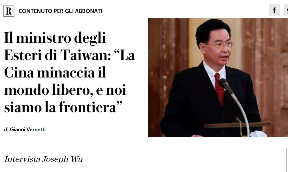 挺台對抗中國施壓 義大利媒體高規格專訪吳釗燮(圖取自La Repubblica 官網)