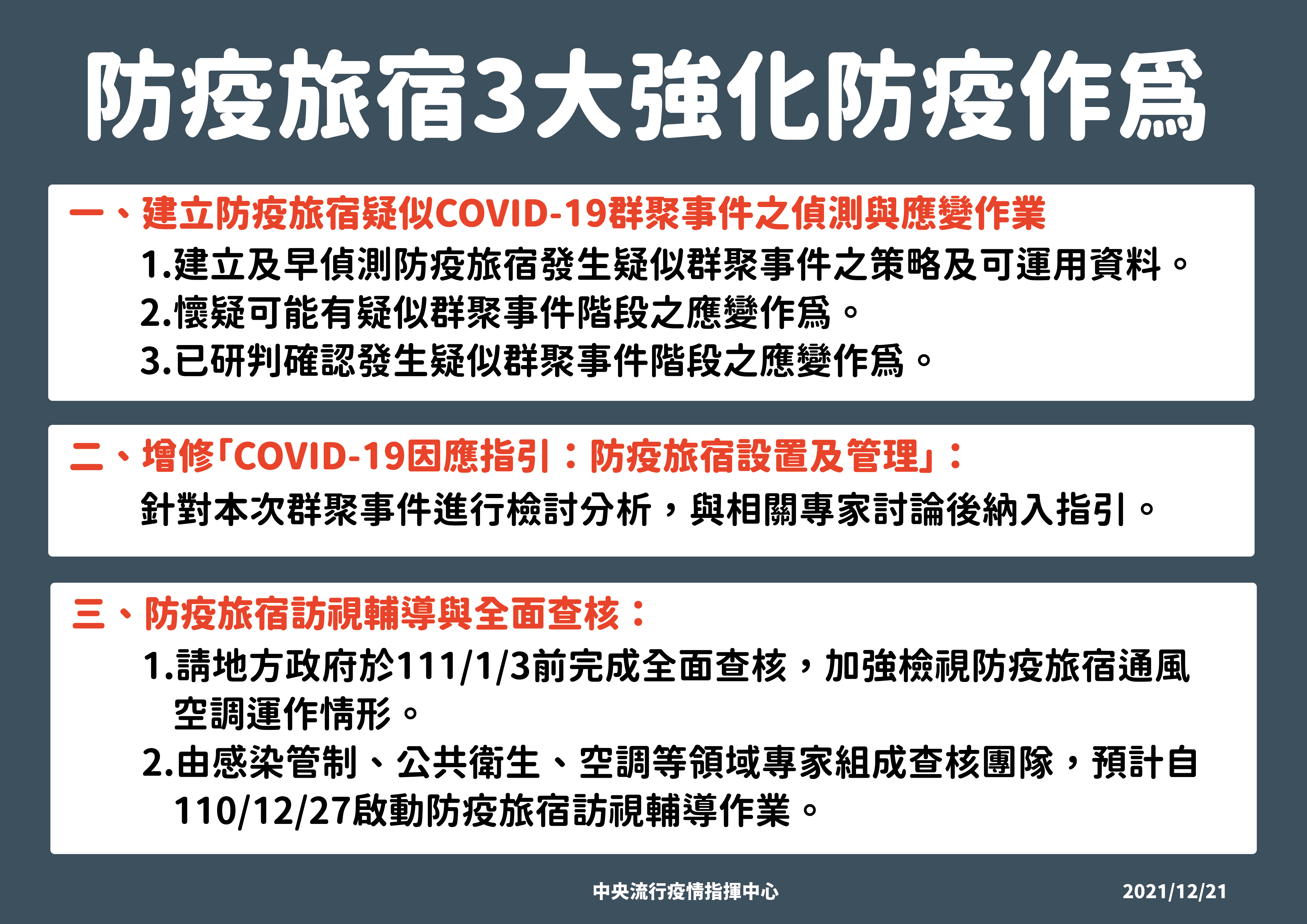 指揮中心全面檢討防疫旅宿防疫作為，三大強化措施精進管理。(指揮中心提供)