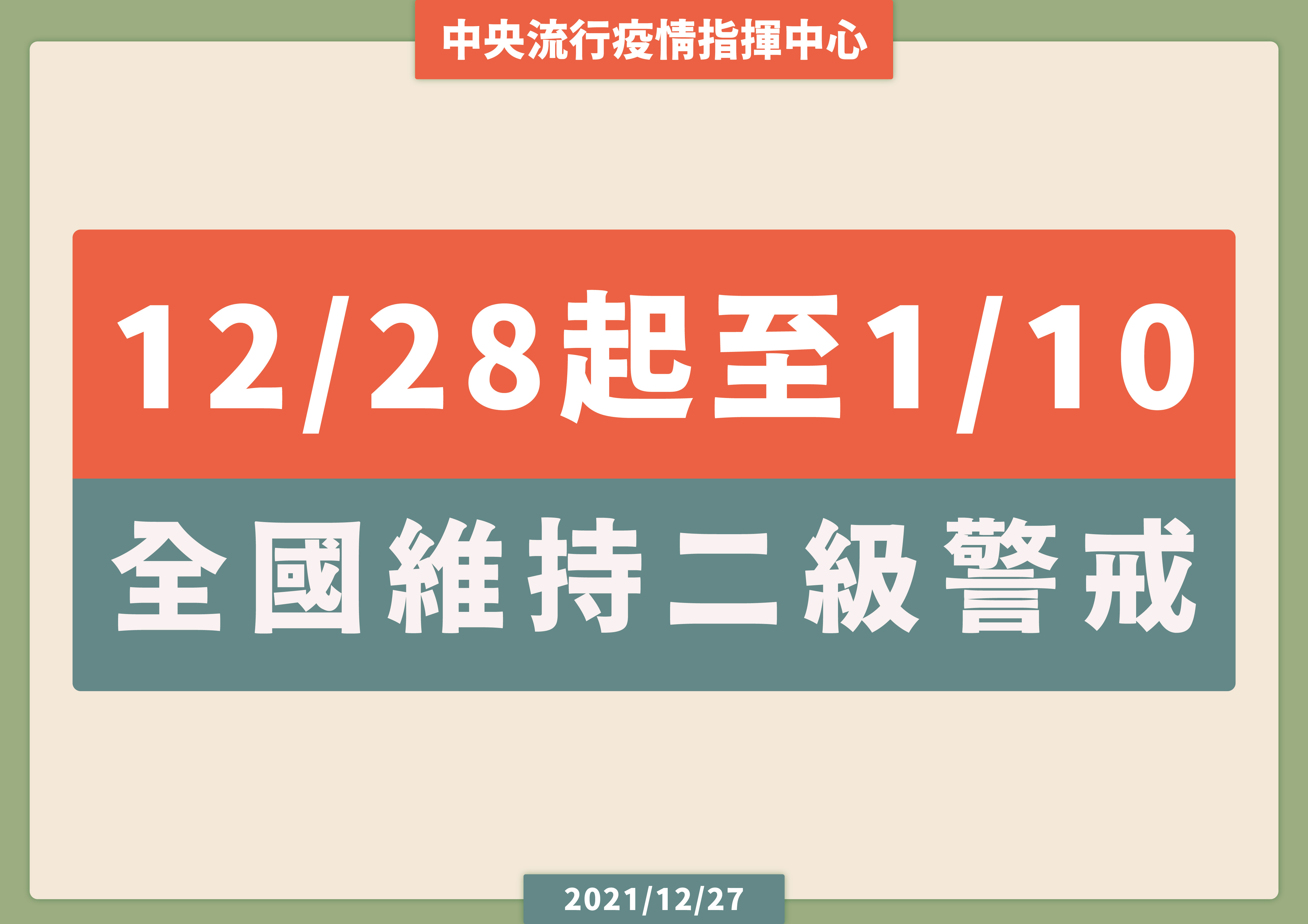 全國二級警戒延長至明年1/10 管制措施皆不變。(指揮中心提供)