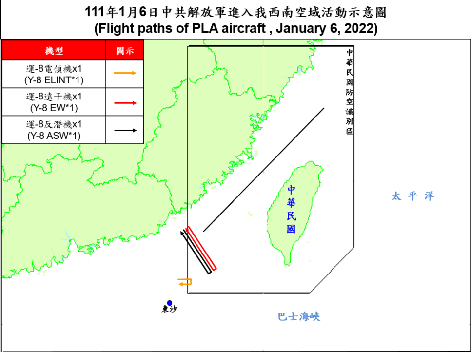 空軍6日晚間發布共機動態，3架共機(1架運8電偵機、1架運8遠干機、1架運8反潛機)侵擾台灣西南防空識別區(ADIZ)。(圖 : 國防部)