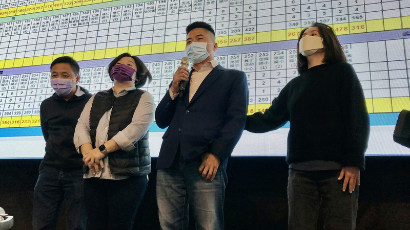 台中市第2選區立委補選9日投開票，國民黨籍候選人顏寬恒（右2）晚間出面承認敗選，他也恭喜民進黨籍候選人林靜儀勝選。(圖：中央社)