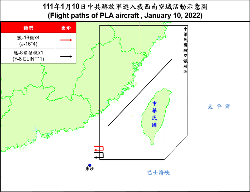 空軍10日晚間發布共機動態，5架共機(1架運8電偵機、4架殲16戰機)白天侵擾台灣西南防空識別區(ADIZ)。(圖 : 國防部)