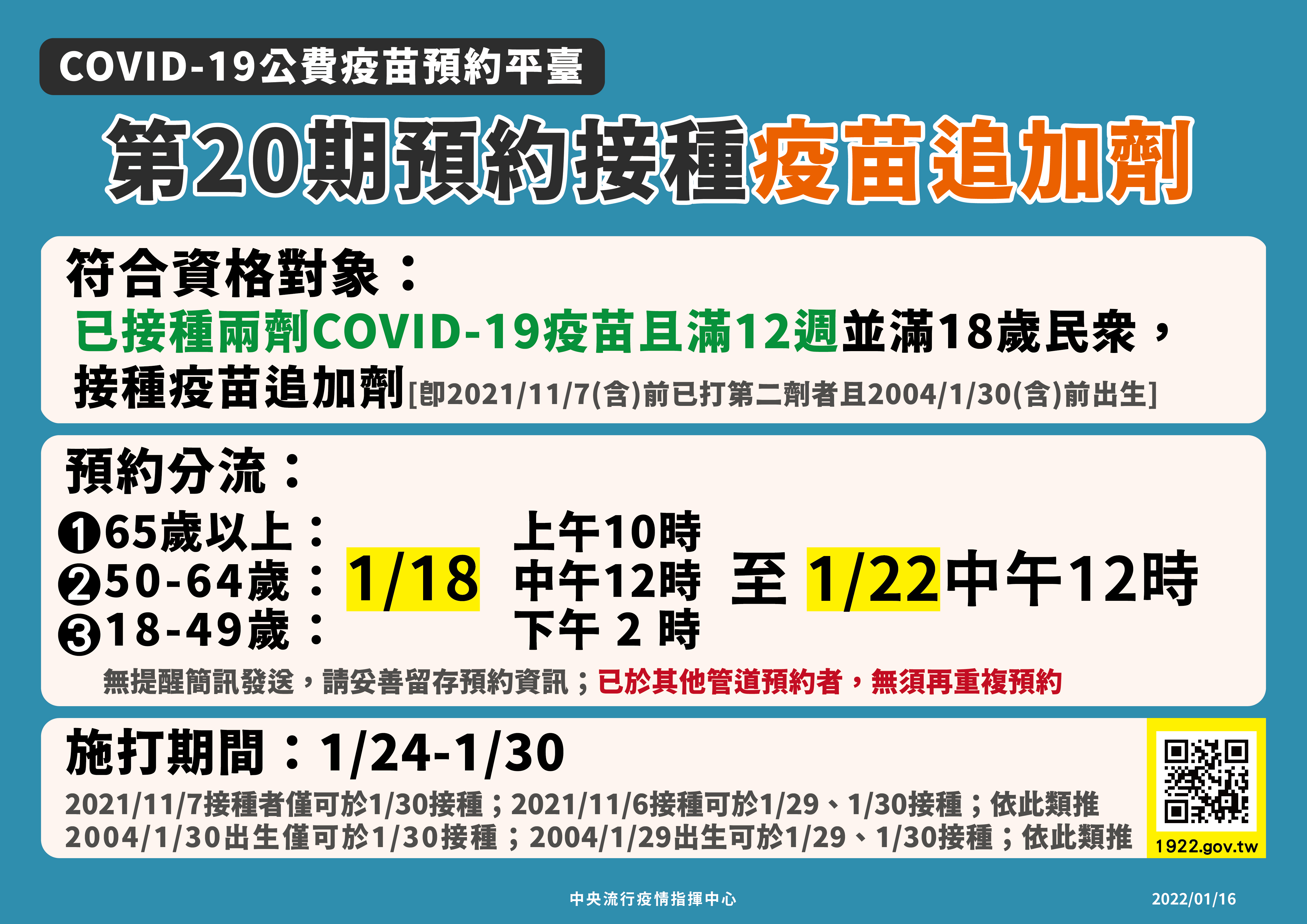 第20期疫苗1/18上午10時起放預約。(指揮中心提供)