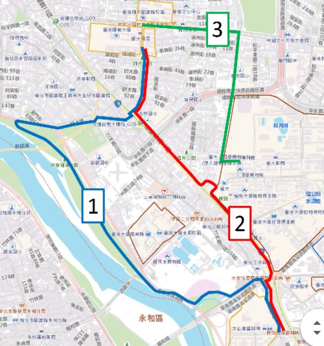 台大系統規劃特色通學單車道，圖中1為河岸單車道、2是熱鬧單車道、3為簡單單車道。(台師大提供)