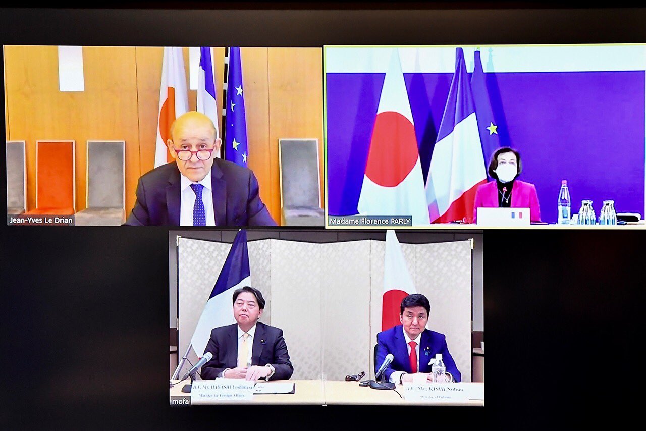 日本與法國20日舉行外交與國防首長2+2視訊會談。（推特）