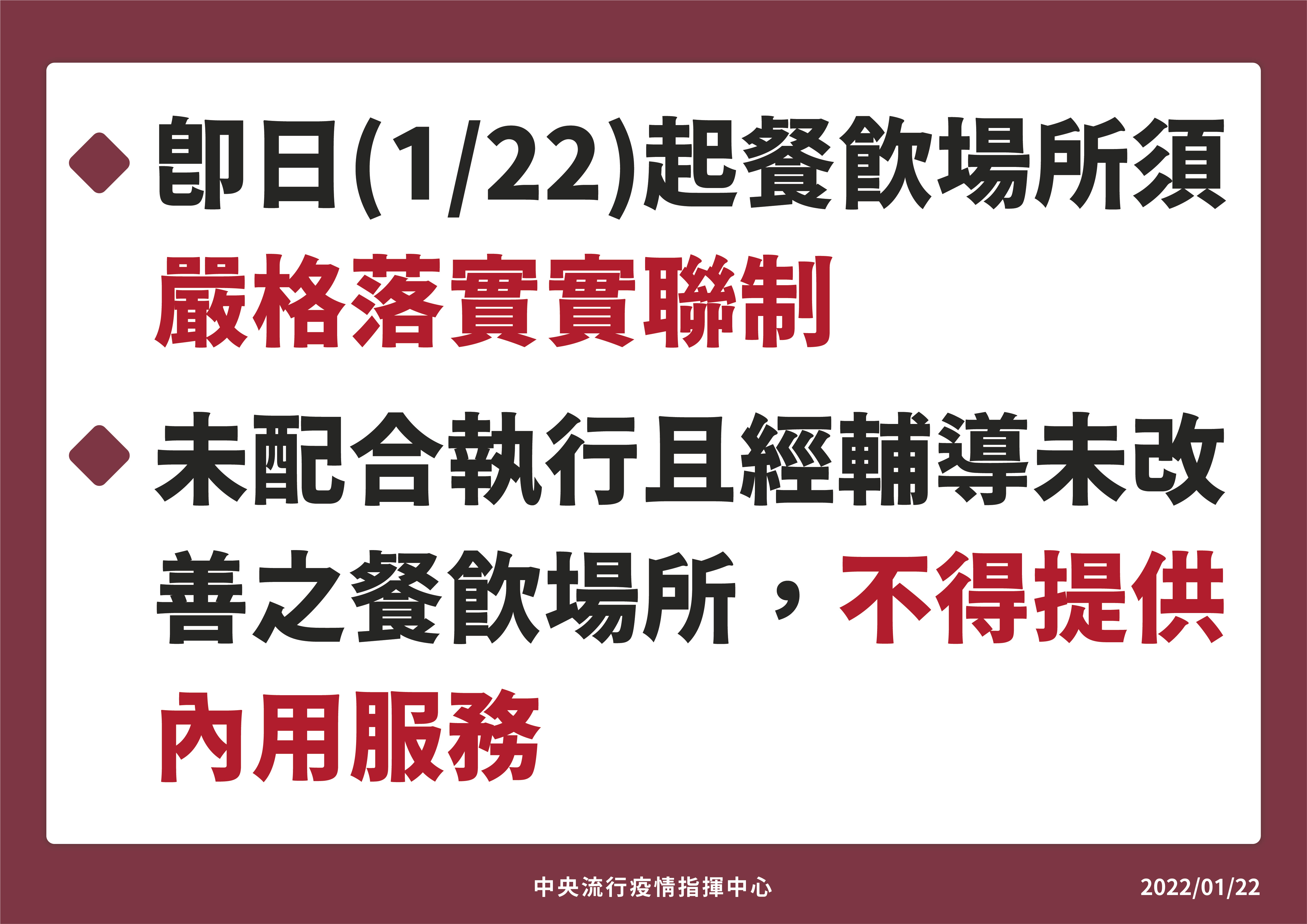 即日起餐廳嚴格落實實聯制，否則不准提供內用服務。(指揮中心提供)