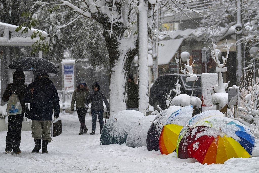 希臘大部分地區罕見地被冰雪覆蓋。 (AFP)