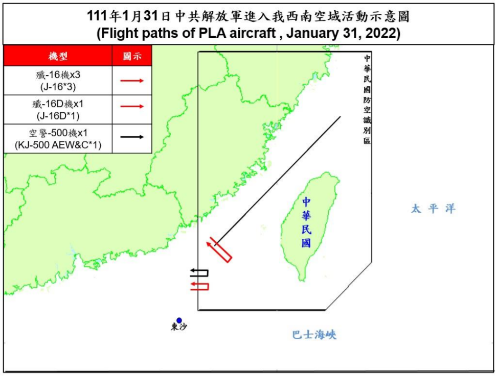 空軍31日晚間發布共機動態，5架共機(3架殲16機、1架殲16D機、1架空警500機)侵擾台灣西南防空識別區。(圖：國防部)