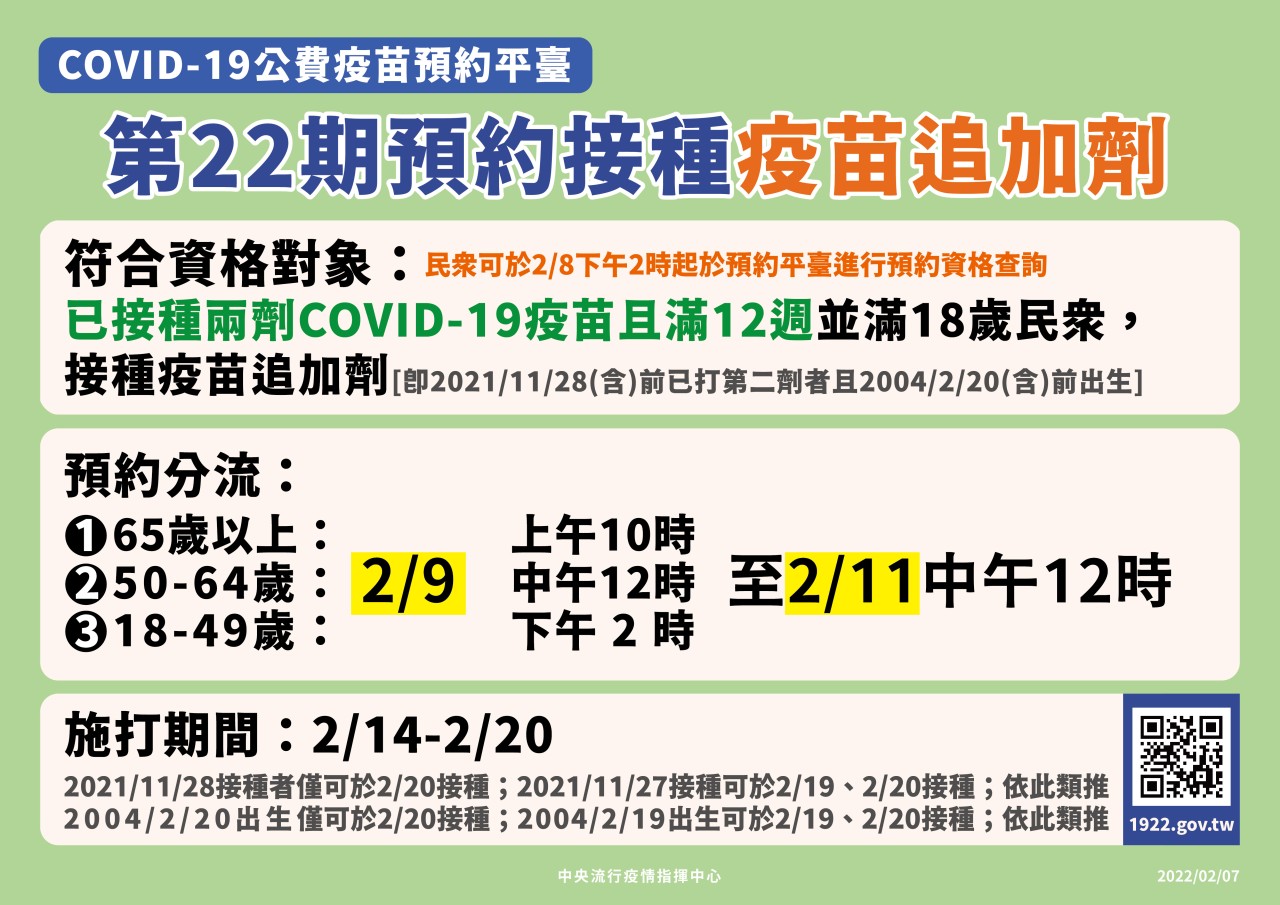第22期疫苗2/9起預約。（指揮中心提供）