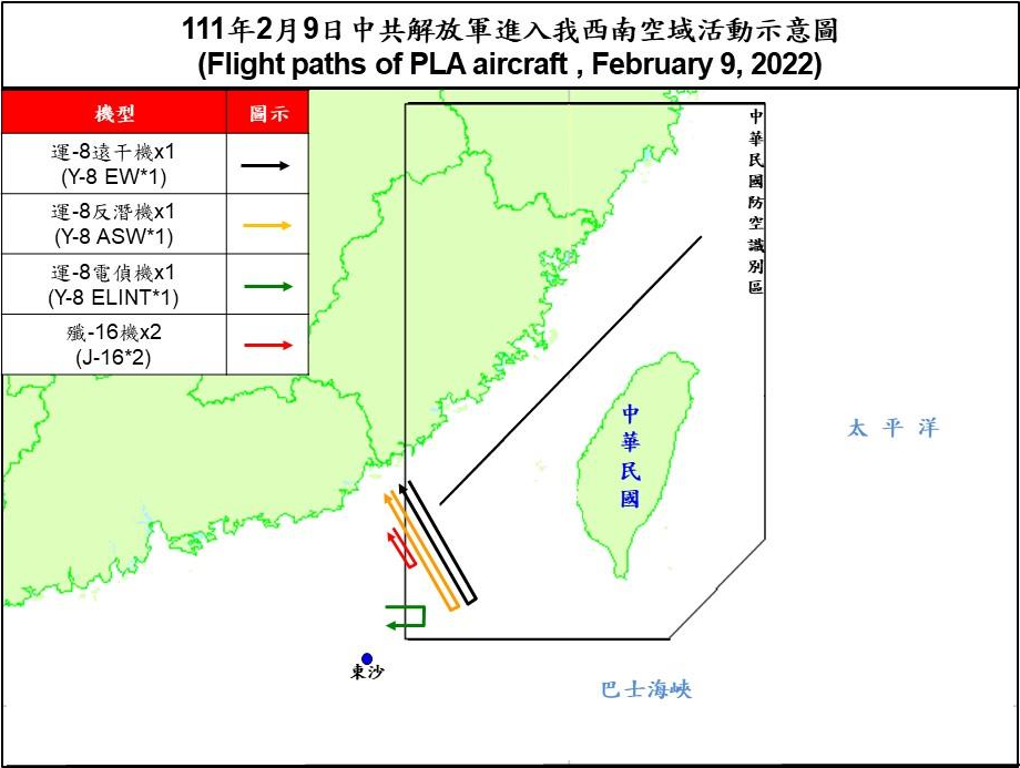 空軍9日晚間發布共機動態，5架共機(1架運8遠干機、1架運8反潛機、1架運8電偵機、2架殲16戰機)白天侵擾台灣西南防空識別區（ADIZ）。(圖 : 國防部)