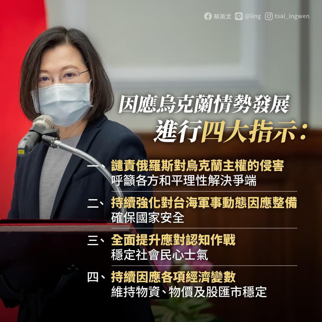 因應烏克蘭情勢，蔡英文總統做出4點指示。 (圖:取自蔡總統臉書)