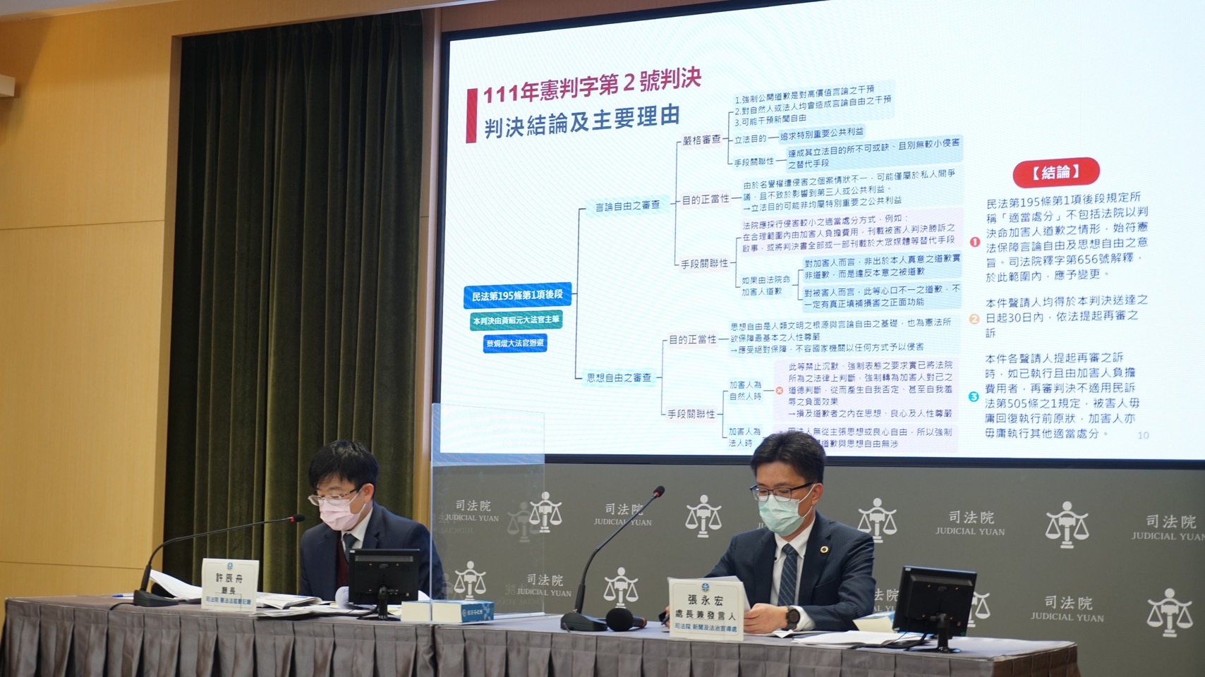 憲法法庭書記廳廳長許辰舟(左)、司法院發言人張永宏(右)25日指出，憲法法庭判決強制道歉違憲。(司法院提供)