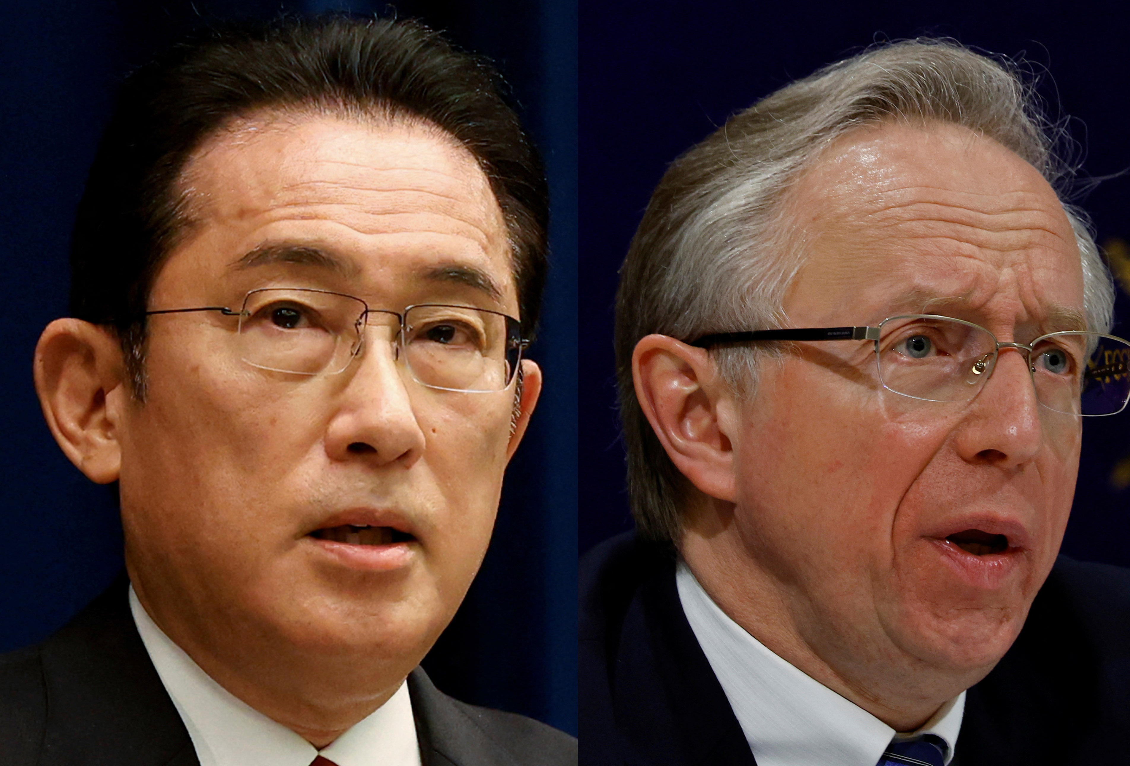 日本首相岸田文雄25日(左)表示，將加強對俄羅斯的制裁，此舉很快引發俄羅斯駐日大使格魯金(右)的憤怒回應。(合成照/路透社/達志影像)