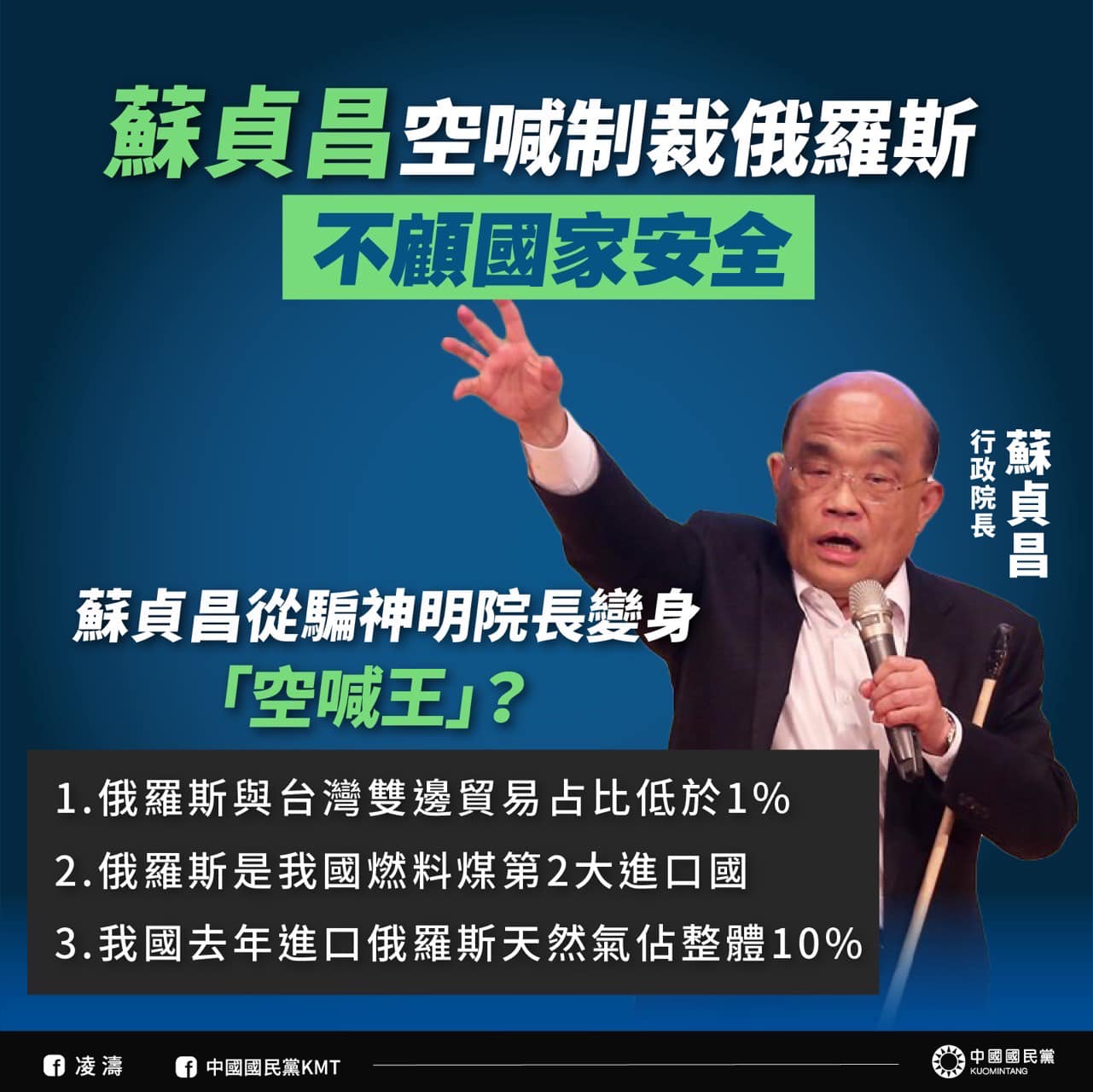 政府宣布制裁俄羅斯，國民黨質疑是否已做好準備。(取自國民黨文傳會主委凌濤臉書)