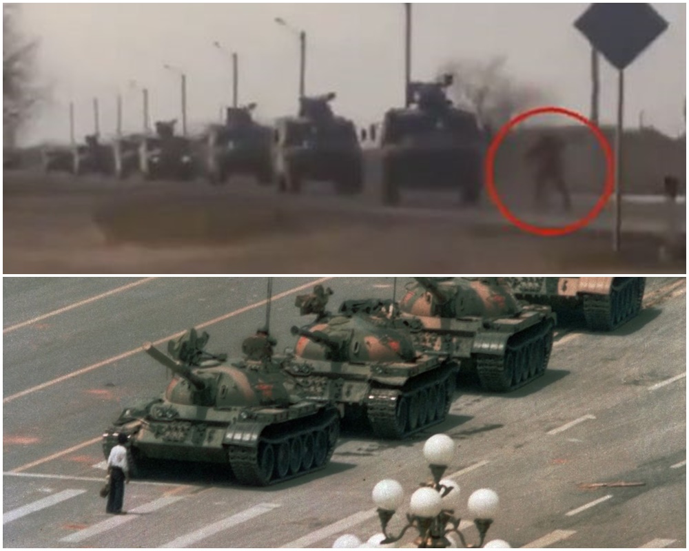 烏克蘭男子肉身擋軍車(上)，猶如天安門廣場坦克人。(合成圖)