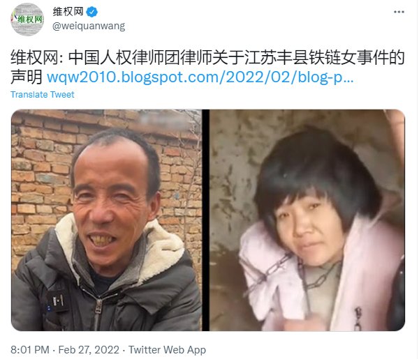 中國律師團為「徐州八孩母親」案發聲，質疑官方調查結果。(推特)