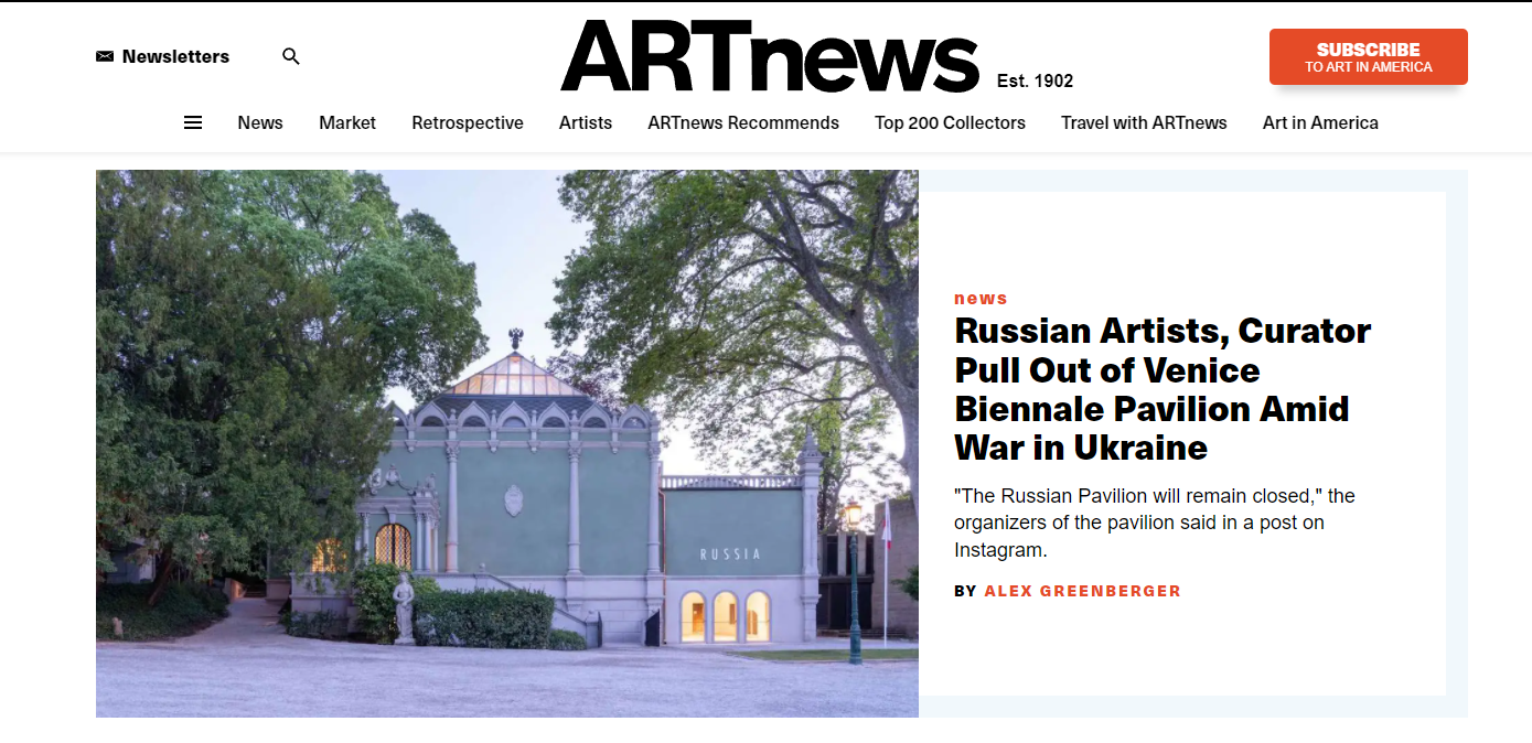 《ARTnews》報導，代表俄羅斯參加今年威尼斯雙年展國家館的俄羅斯藝術家Alexandra Sukhareva 和 Kirill Savchenko以及策展人 Raimundas Malašauskas宣布退出。(圖:ARTnews.com)