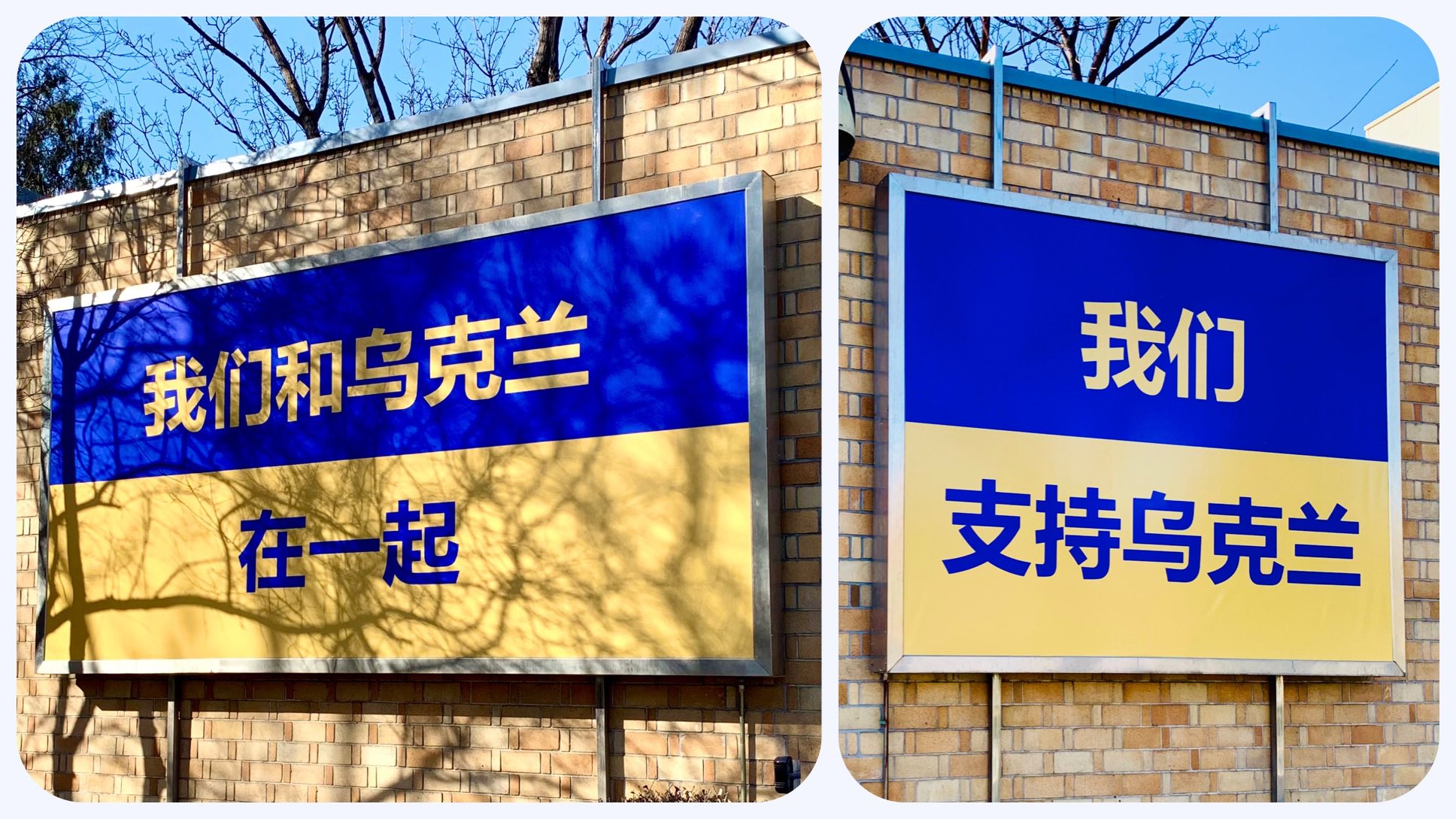 加拿大駐北京大使館外牆懸掛「我們支持烏克蘭」。(推特)