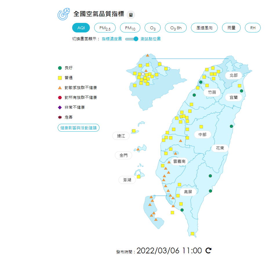 行政院環境保護署今天(6日)表示，今天凌晨有微量境外污染物南下影響，上午已有19測站空氣品質達橘色提醒。(行政院環保署空品網)