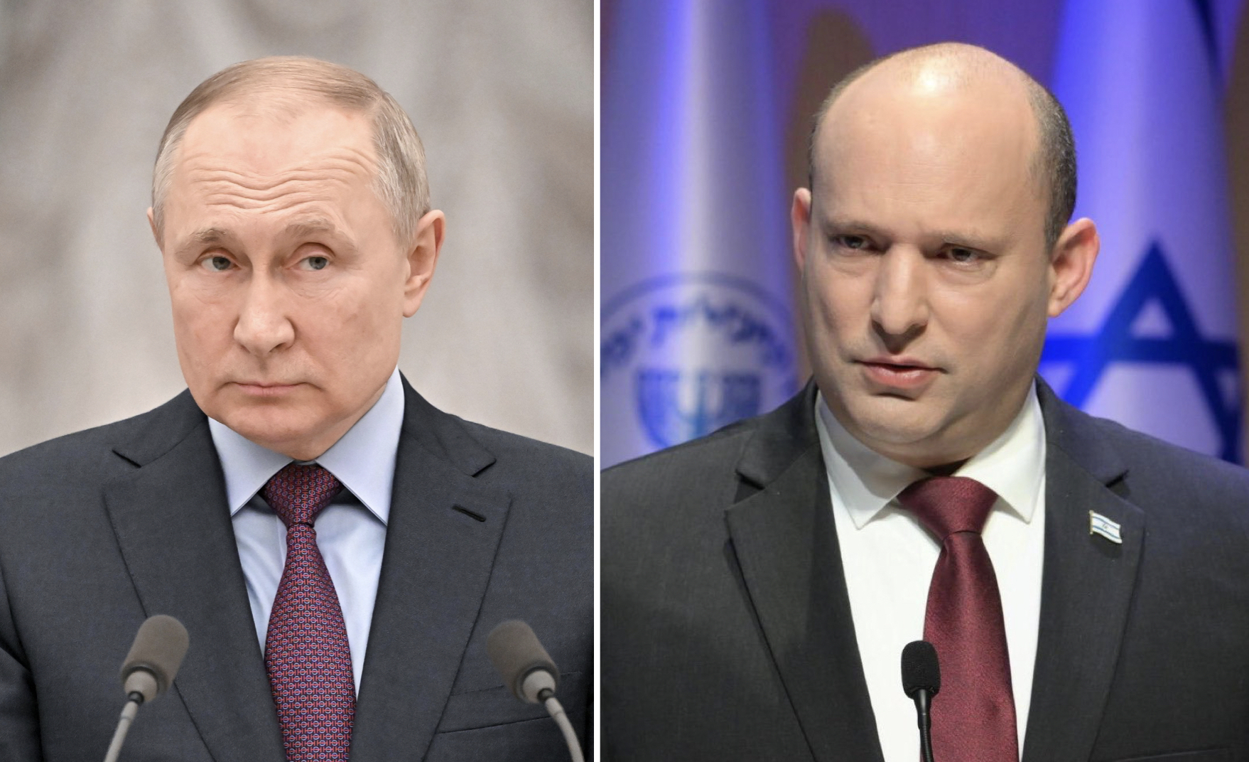 以色列總理班奈特(Naftali Bennett)前往莫斯科與俄羅斯總統蒲亭(Vladimir Putin) 會談。合成圖。(AFP)