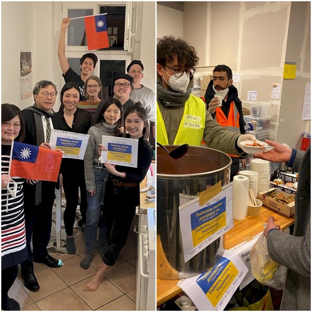 柏林中央火車站難民接待處，台人自發提供貼著烏克蘭國旗和「台灣幫助烏克蘭」字樣的熱湯。（Christina Chang提供） (圖：中央社)