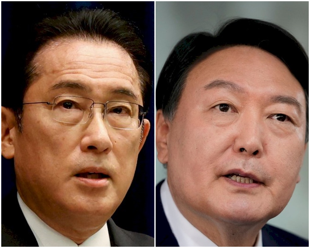 南韓總統尹錫悅(右)16日將前往日本，與日本首相岸田文雄(左)會面。(合成圖/美聯社/達志影像)