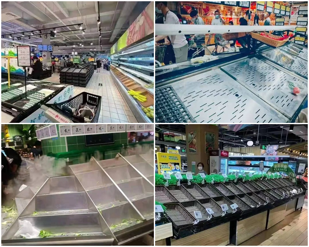 廣東深圳宣布全市自14日起公車和地鐵停運，所有社區、城中村、產業園區等實行封閉式管理。圖為大賣場貨架上全部被搶購一空。(微博)