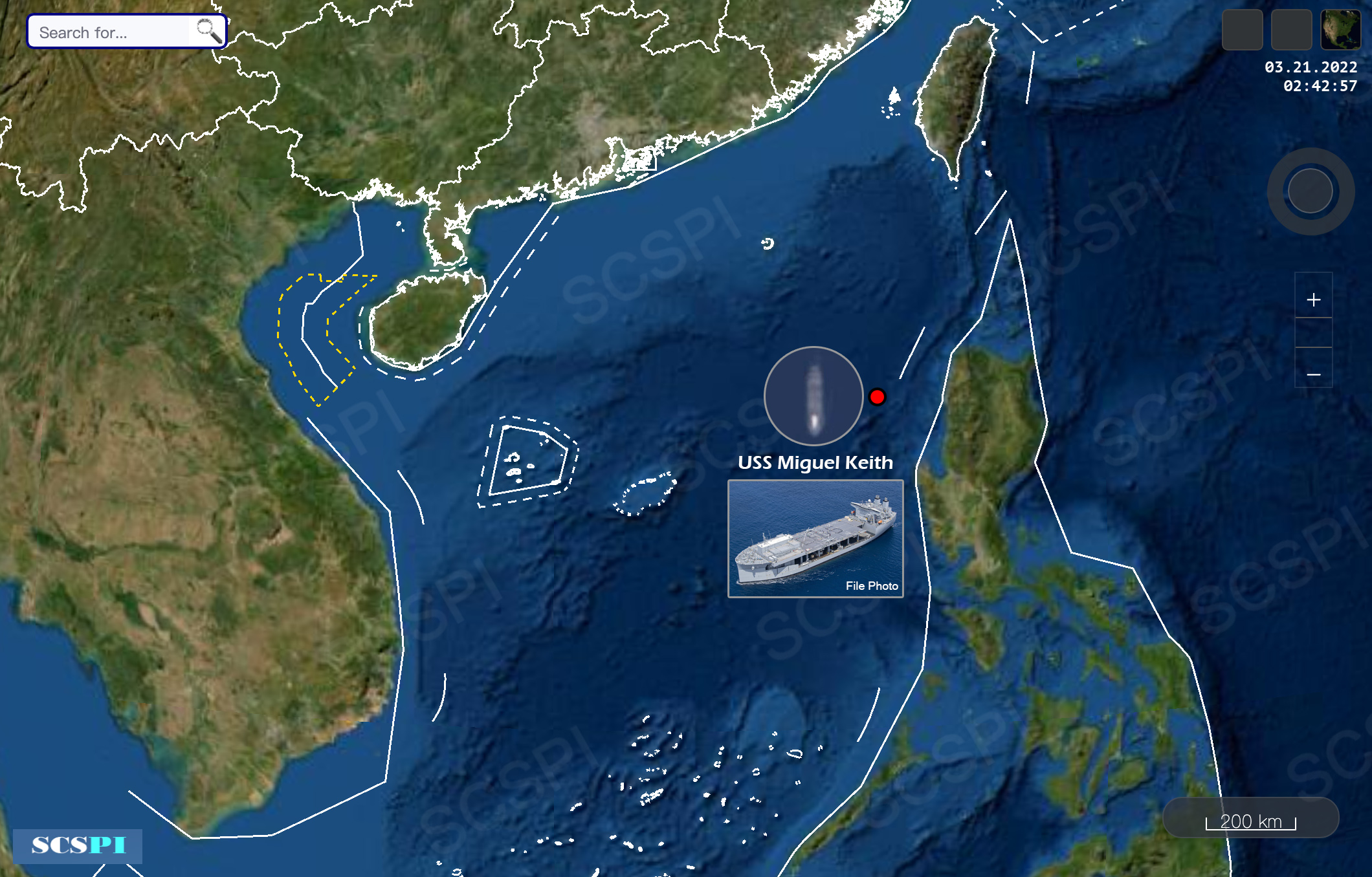 美國海軍最新型的遠征基地艦「米格爾基思號」首次現蹤南海。(圖：取自scspi.org)