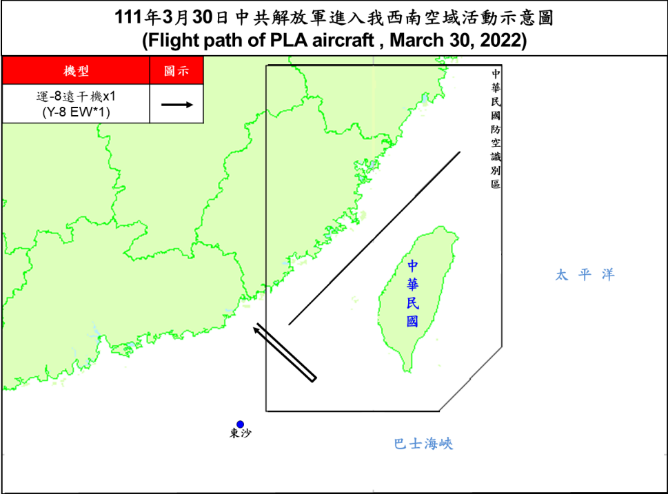 空軍30日晚間發布共機動態，1架運8遠干機白天侵擾台灣西南防空識別區(ADIZ)。(圖 : 國防部)