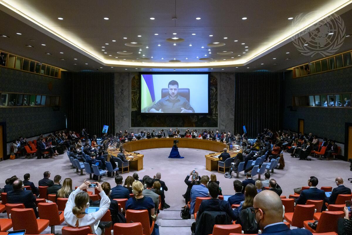 烏克蘭總統澤倫斯基5日在聯合國安理會演說。(UN Photo/Loey Felipe)