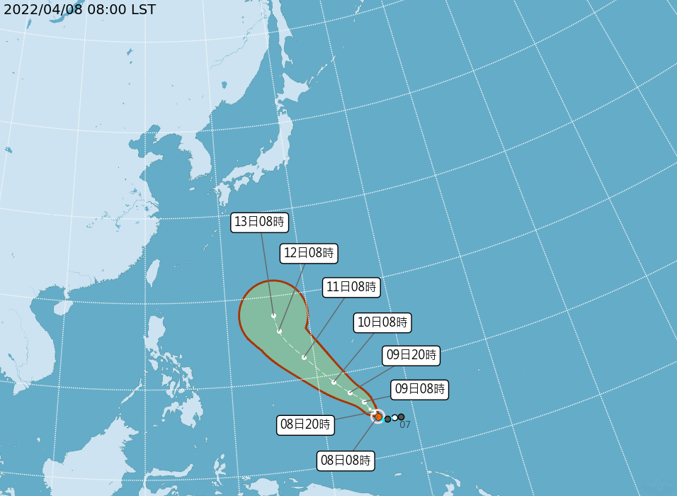 馬勒卡颱風路徑潛勢預報圖。(中央氣象局提供)