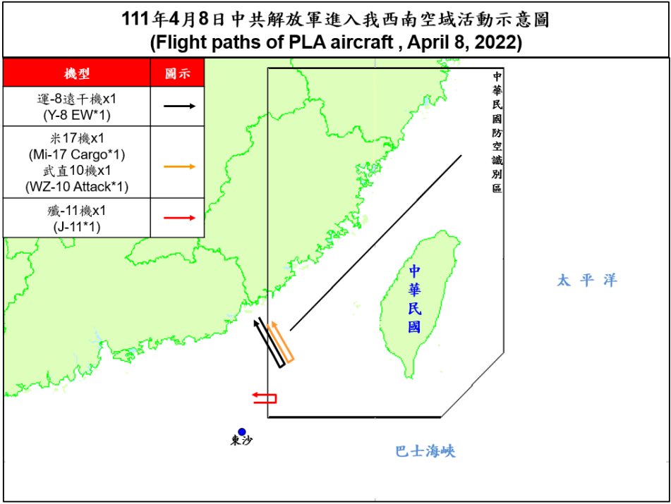 空軍8日晚間公布西南空域空情動態，今天共有1架次運8遠干機 、1架次米17直升機、1架次武直10直升機、1架次殲11機侵擾台灣防空識別區。(圖:國防部)