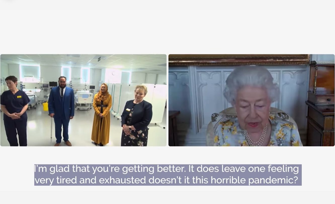 英國女王透過視訊與醫院工作人員和病患談話時，回憶起她染疫時的病症。 (圖:翻攝自臉書)