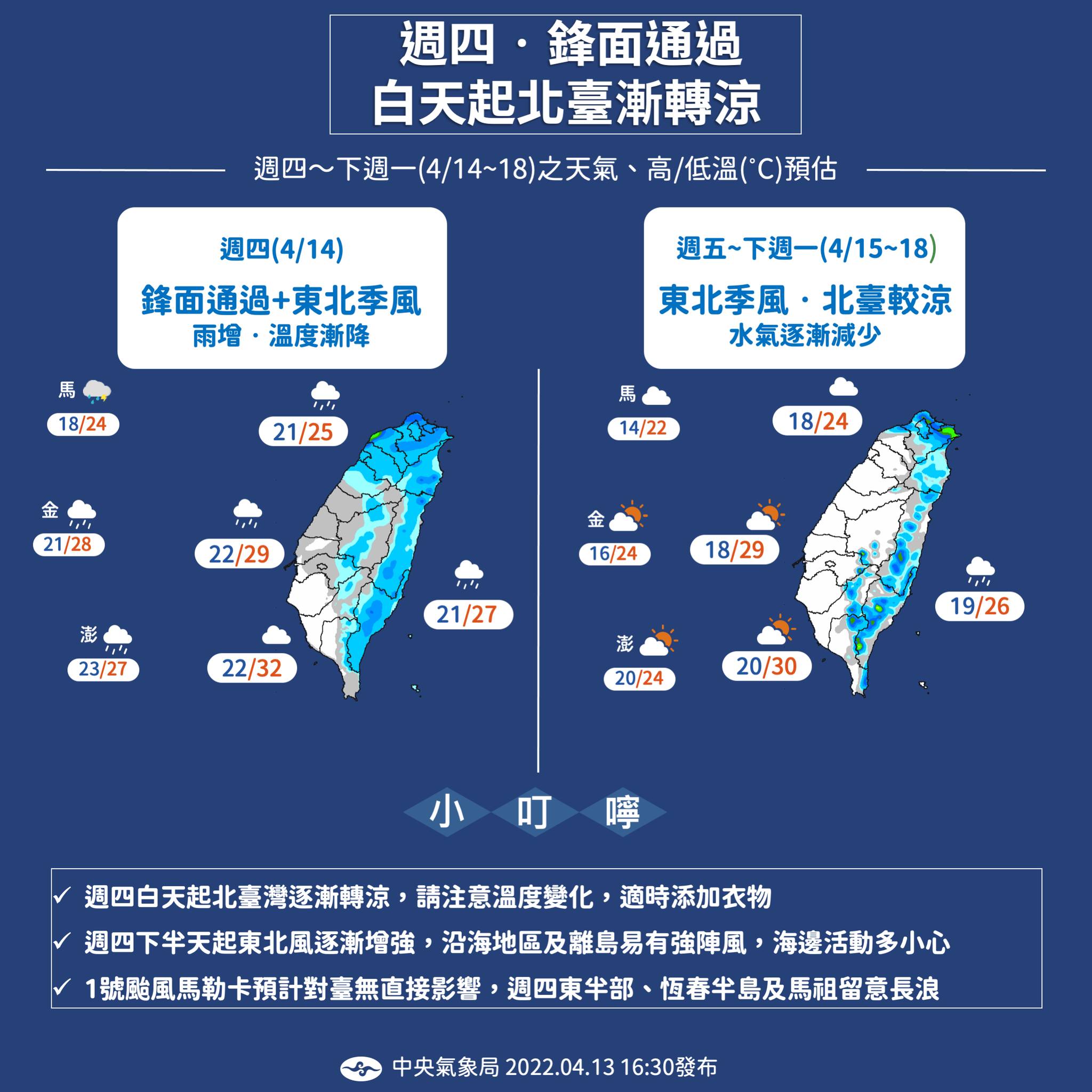 中央氣象局14日表示，接下來一直到19日都受東北季風影響，以迎風面降雨為主。(圖:中央氣象局)