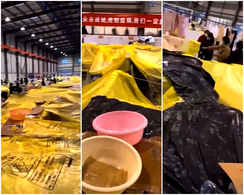 上海方艙醫院暴雨漏水，隔離患者受苦又受難。(微博)