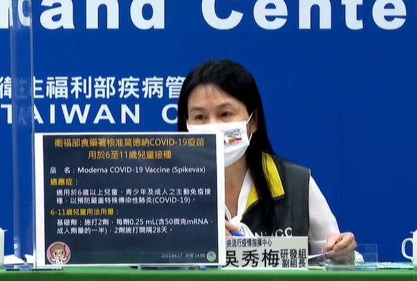 兒童終於有莫德納疫苗可打了！ 食藥署長吳秀梅17日宣布開放6-11歲小朋友接種(衛福部fb)