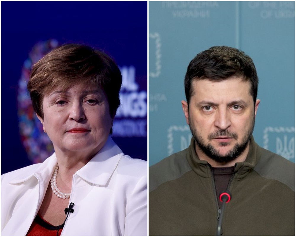 烏克蘭總統澤倫斯基(右)和國際貨幣基金(IMF)總裁喬治艾娃通電話。(合成圖/AFP)