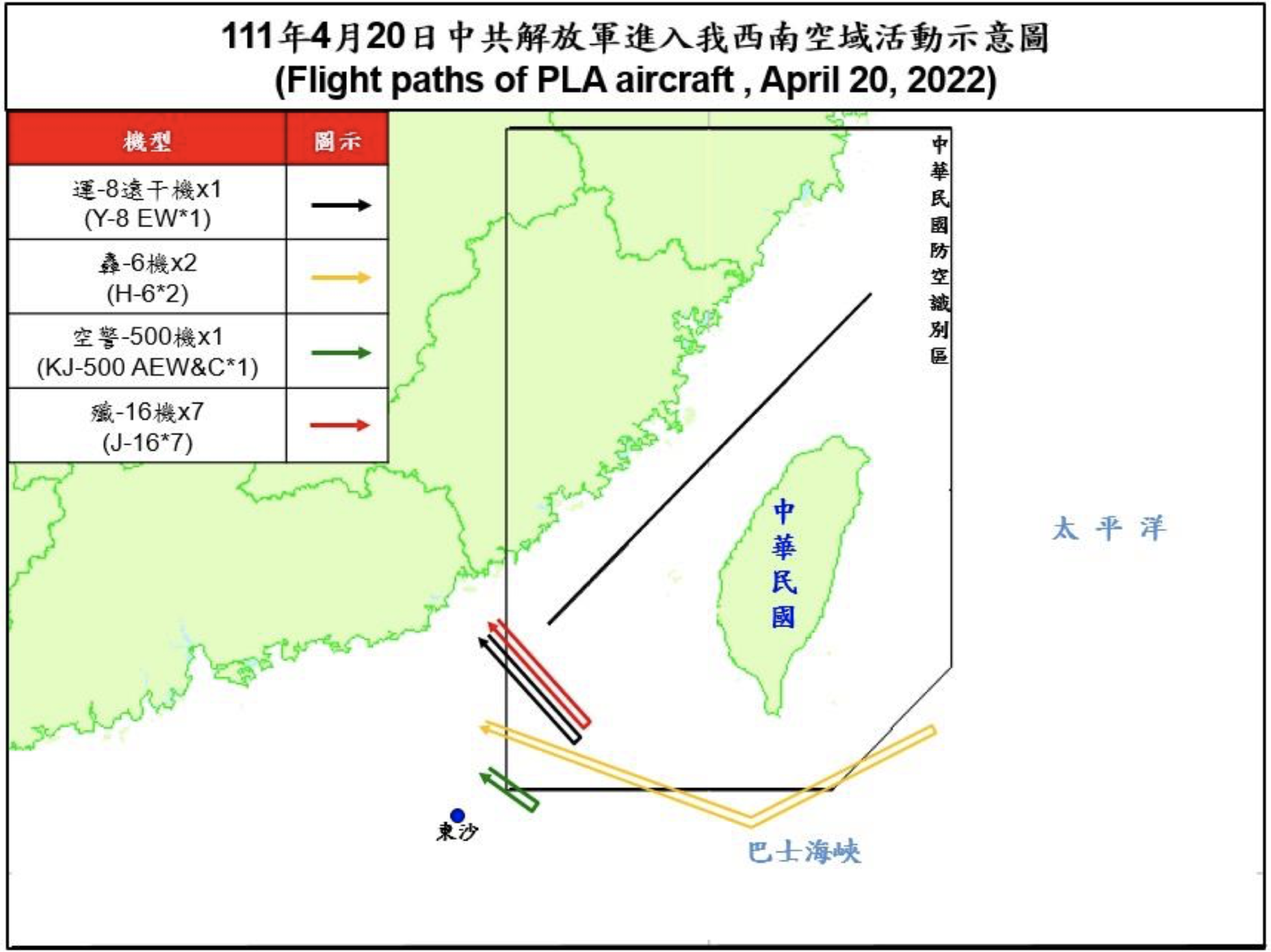 空軍20日晚間發布共機動態，11架共機侵擾台灣西南防空識別區(ADIZ)。（圖：國防部）