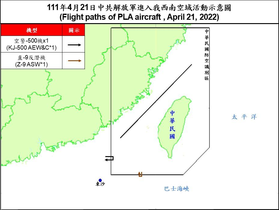 空軍21日晚上發布共機動態，2架共機(1架空警500預警機、1架直9反潛機)侵擾台灣西南防空識別區(ADIZ)。(圖 : 國防部)