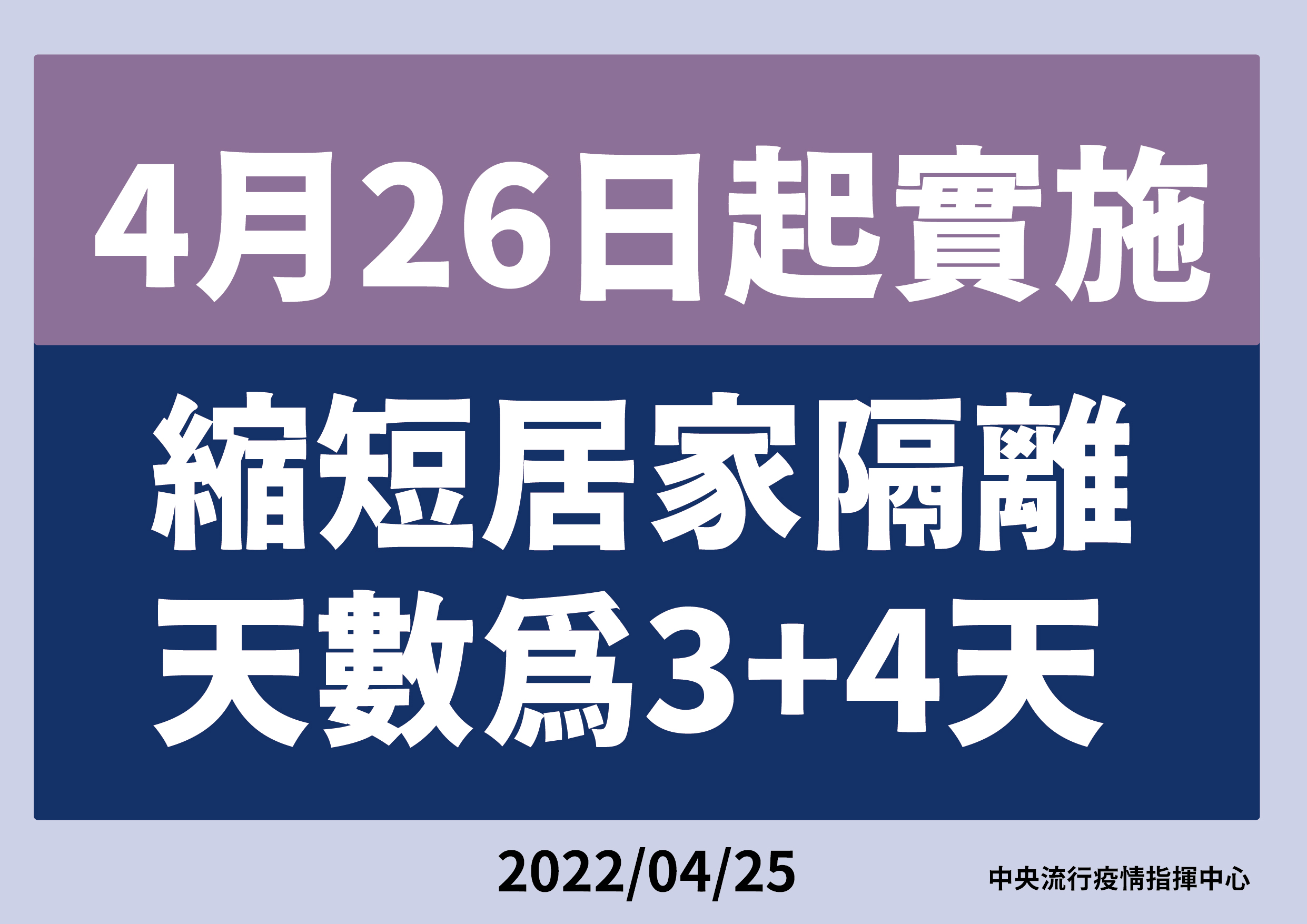 26日起，實施縮短居家隔離天數為3+4天。(指揮中心提供)