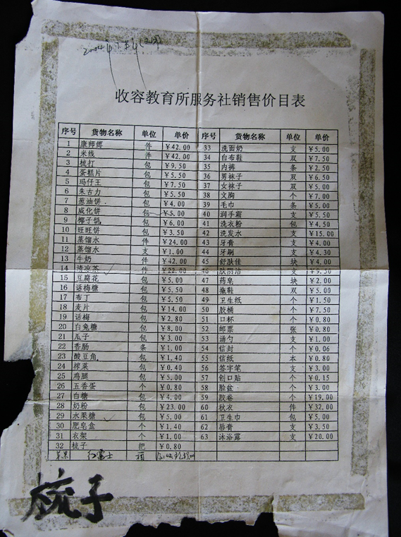 作者委託獲釋難友提前夾帶出粘貼在監倉牆壁上物品清單的原件。所列商品除洗漱用品和個別食品外，其它絕大多數物品並不出售，且價格高昂、粗製濫造。這個表單為應付上級檢查和迷惑外人，錯認為囚犯能買到很多食品，不會挨餓，可這裡只有死亡、苦役和血淚。(作者提供)