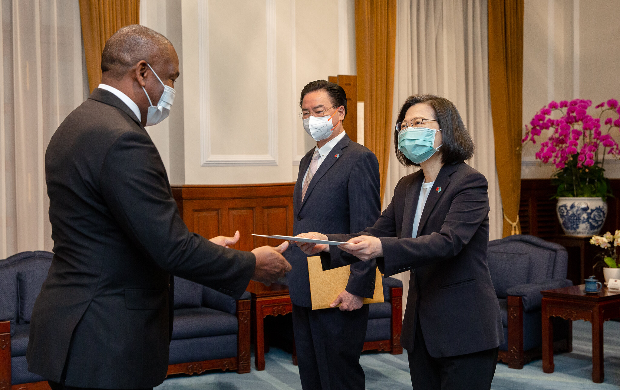 蔡英文總統5日接受聖露西亞新任駐臺特命全權大使路易斯呈遞到任國書。 (圖:總統府)