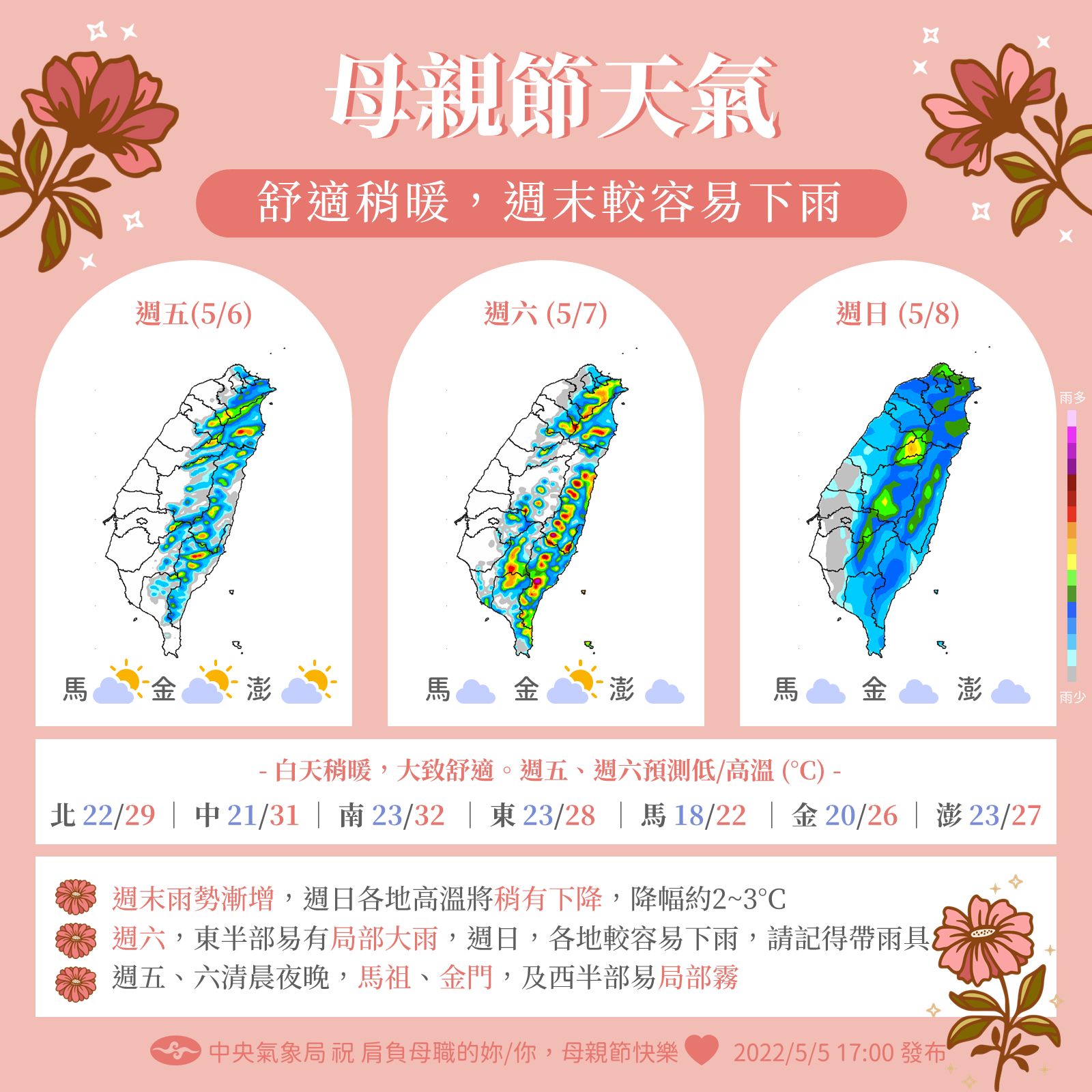 母親節期間天氣舒適稍暖，週末較容易下雨。(圖：中央氣象局)