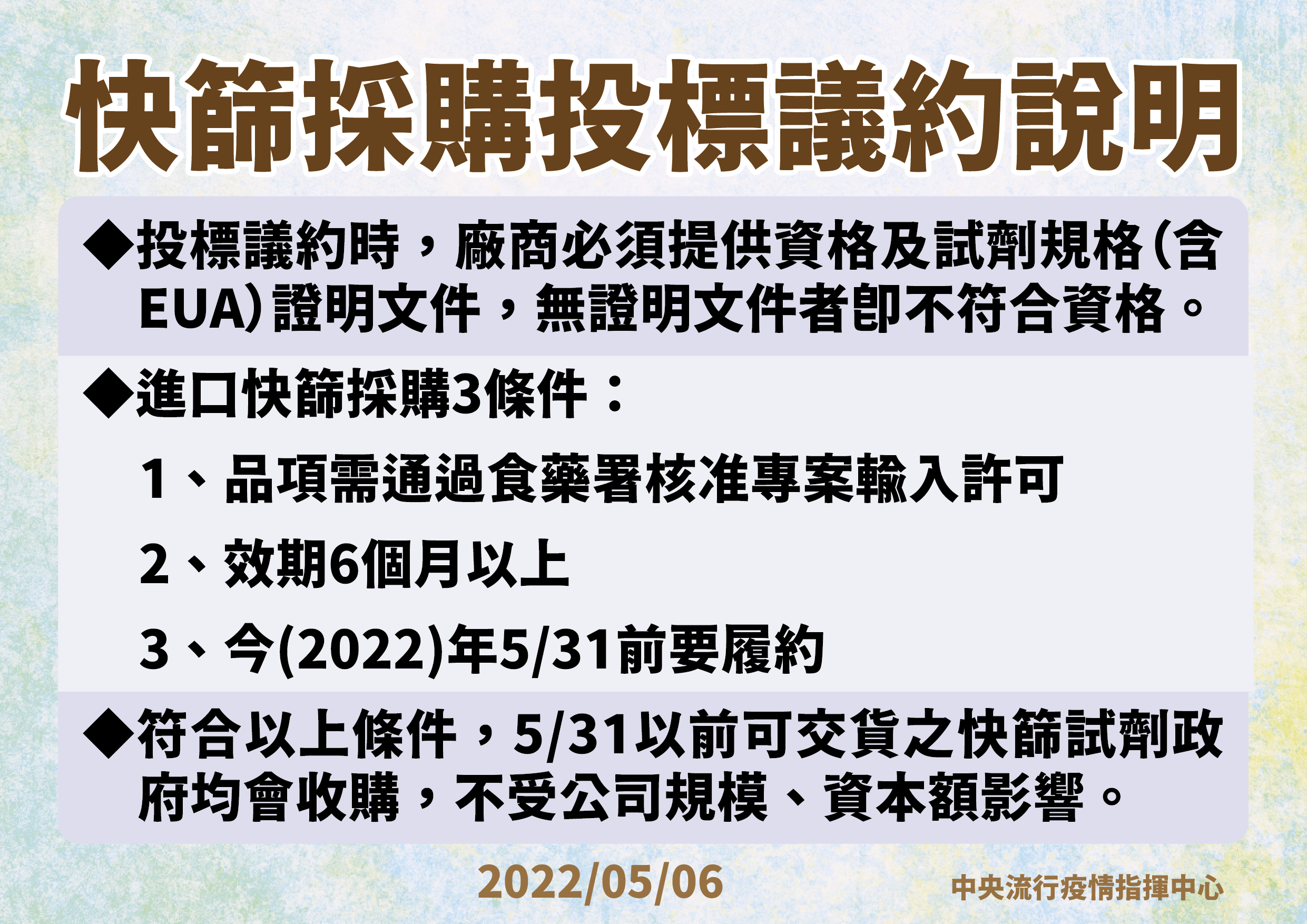 指揮中心說明快篩試劑採購投標議約規定。(指揮中心提供)