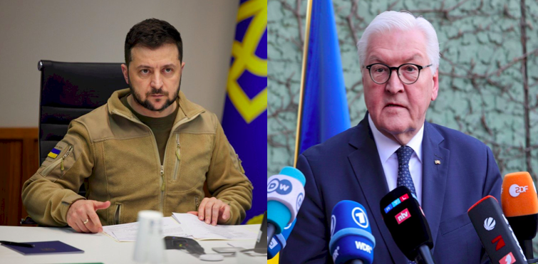 烏克蘭總統澤倫斯基(左)電話中邀請德國總統史坦爾(右)訪問烏克蘭。(圖：烏克蘭總統府、AFP/央廣合成）