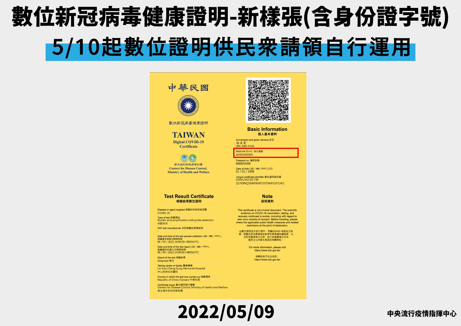 數位新冠病毒健康證明－新樣張(含身份證字號)。(指揮中心提供)