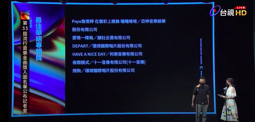 第33屆金曲獎入圍名單正式揭曉。(擷取自台視直播畫面)