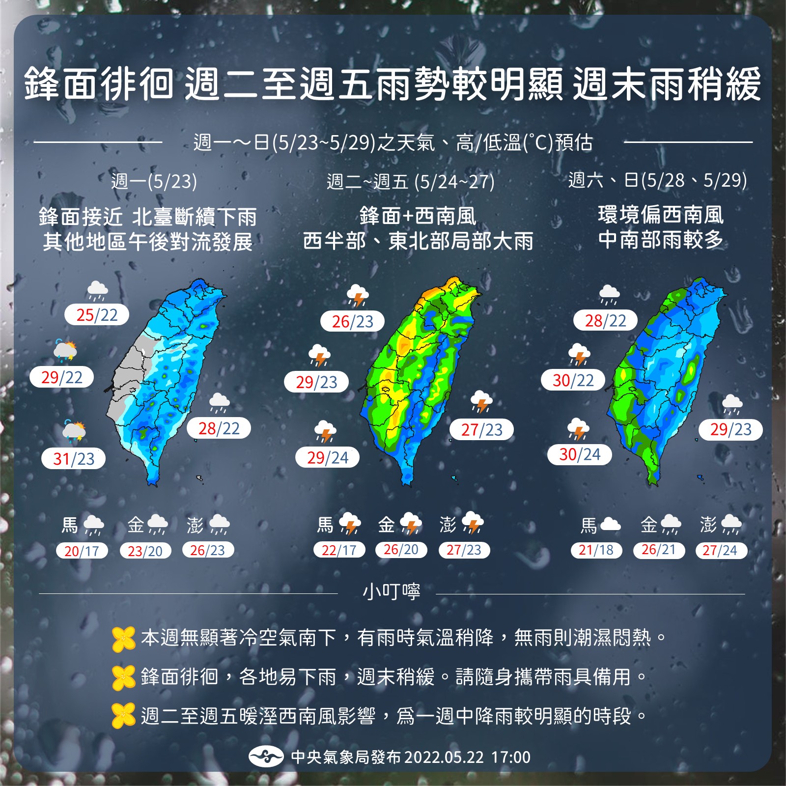 中央氣象局表示，23日晚間起，鋒面就會來到台灣北部海面，並於明天起一連4天滯留在台灣上空。（中央氣象局提供)